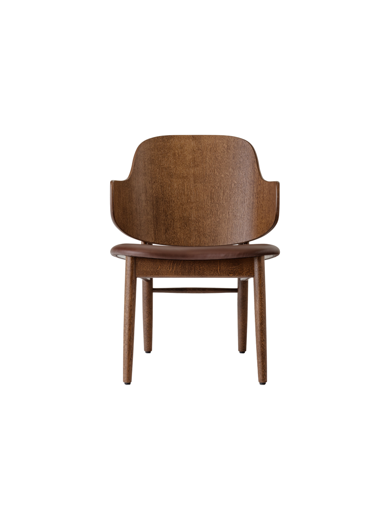 The Penguin Wooden Lounge Chair in red-stained oak with a dark brown upholstered seat, against a white background.