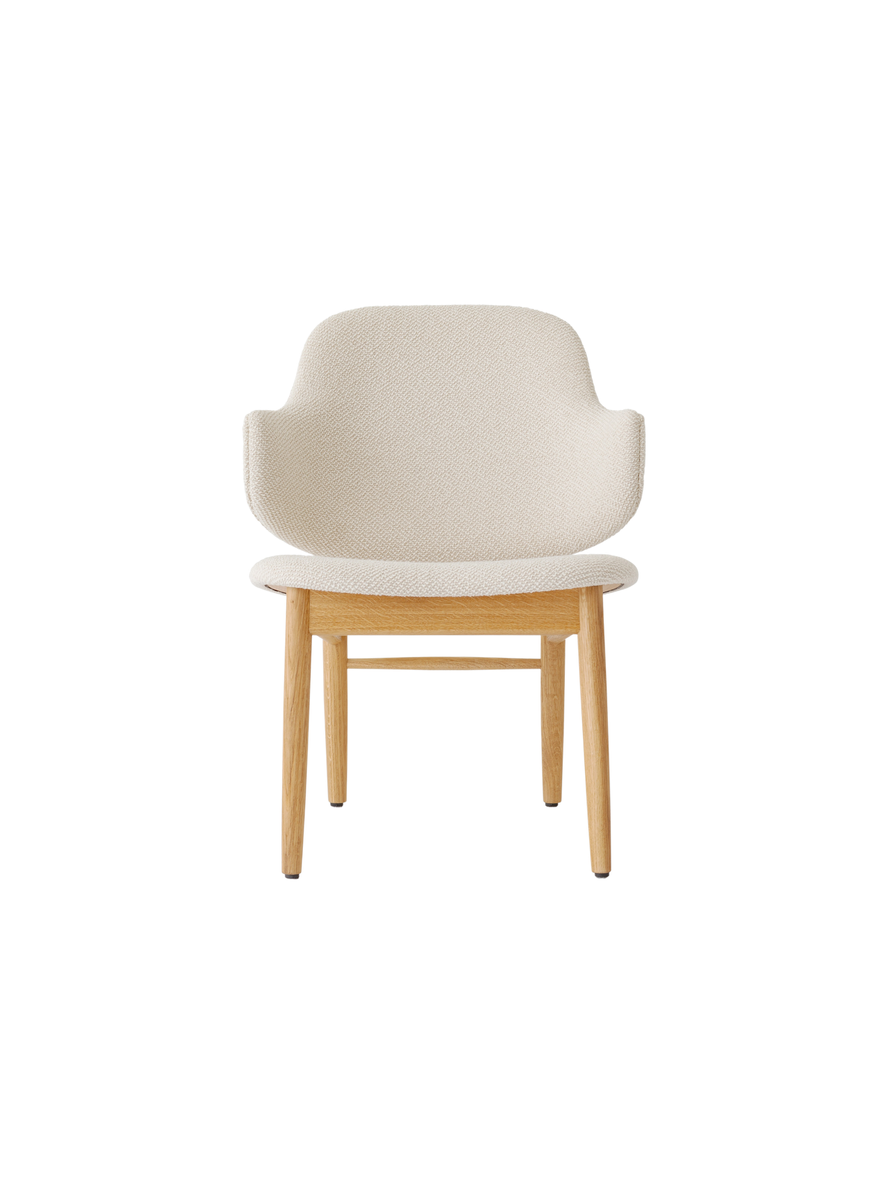 The Penguin Wooden Lounge Chair in natural oak with light beige Logan Fossil upholstery, viewed from the front.