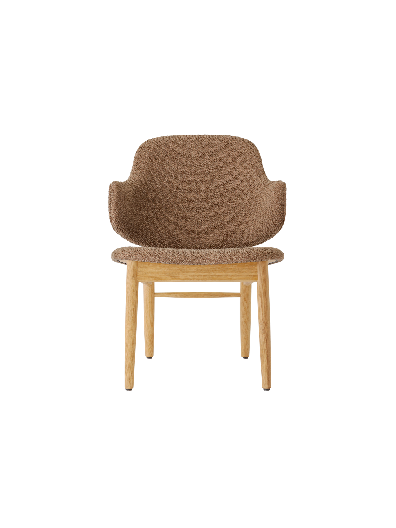 Natural oak Penguin Wooden Lounge Chair with brown Logan fabric upholstery, viewed from the front on a white background.