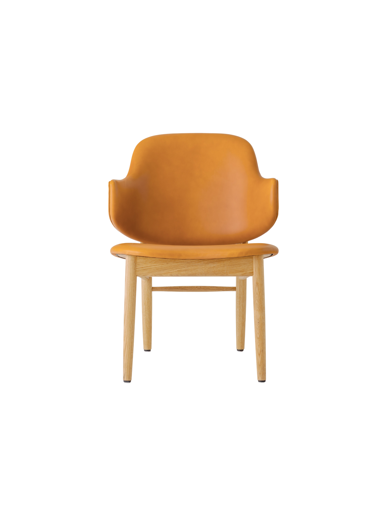 The Penguin Wooden Lounge Chair featuring cognac leather upholstery and a natural oak frame, seen from the front.