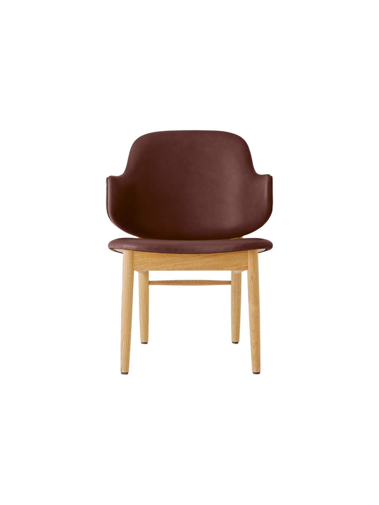 The Penguin Wooden Lounge Chair in natural oak features a dark brown upholstered seat and curved backrest.