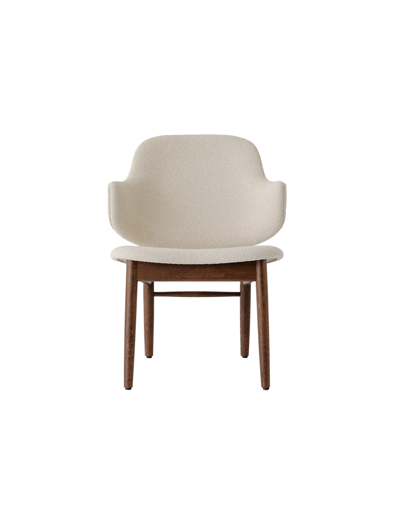 The Penguin Wooden Lounge Chair featuring a dark-stained oak frame and light beige Logan fabric upholstery.