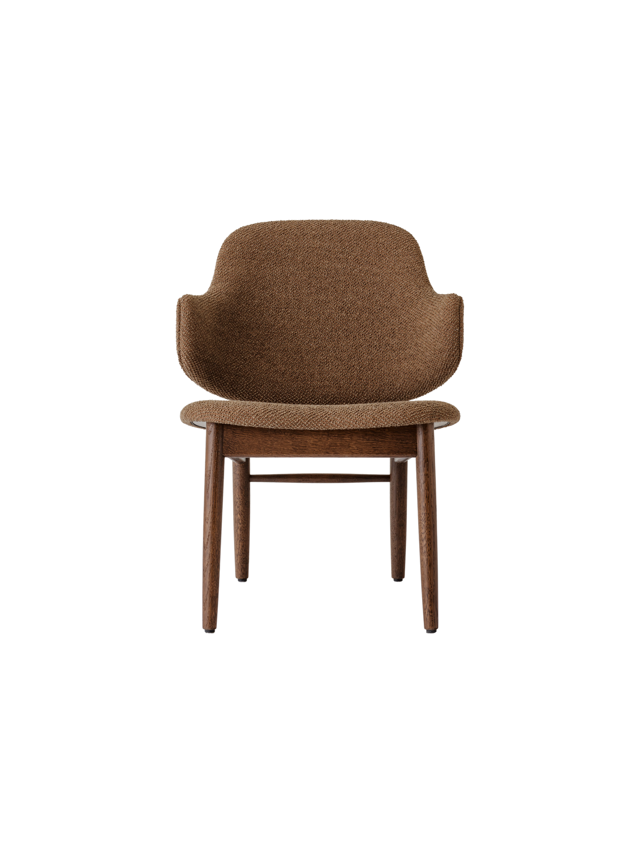 The Penguin Wooden Lounge Chair featuring textured Nutmeg Logan upholstery and a red-stained oak base.