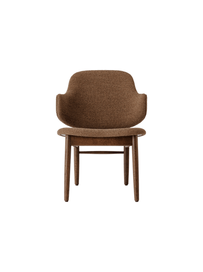 The Penguin Wooden Lounge Chair featuring textured Nutmeg Logan upholstery and a red-stained oak base.