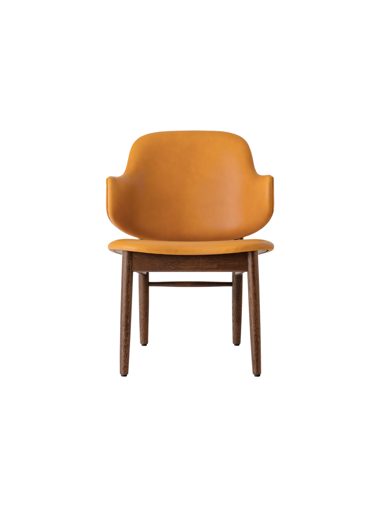 The Penguin Wooden Lounge Chair with a red-stained oak frame and orange Aida 0250 upholstery, shown from the front.