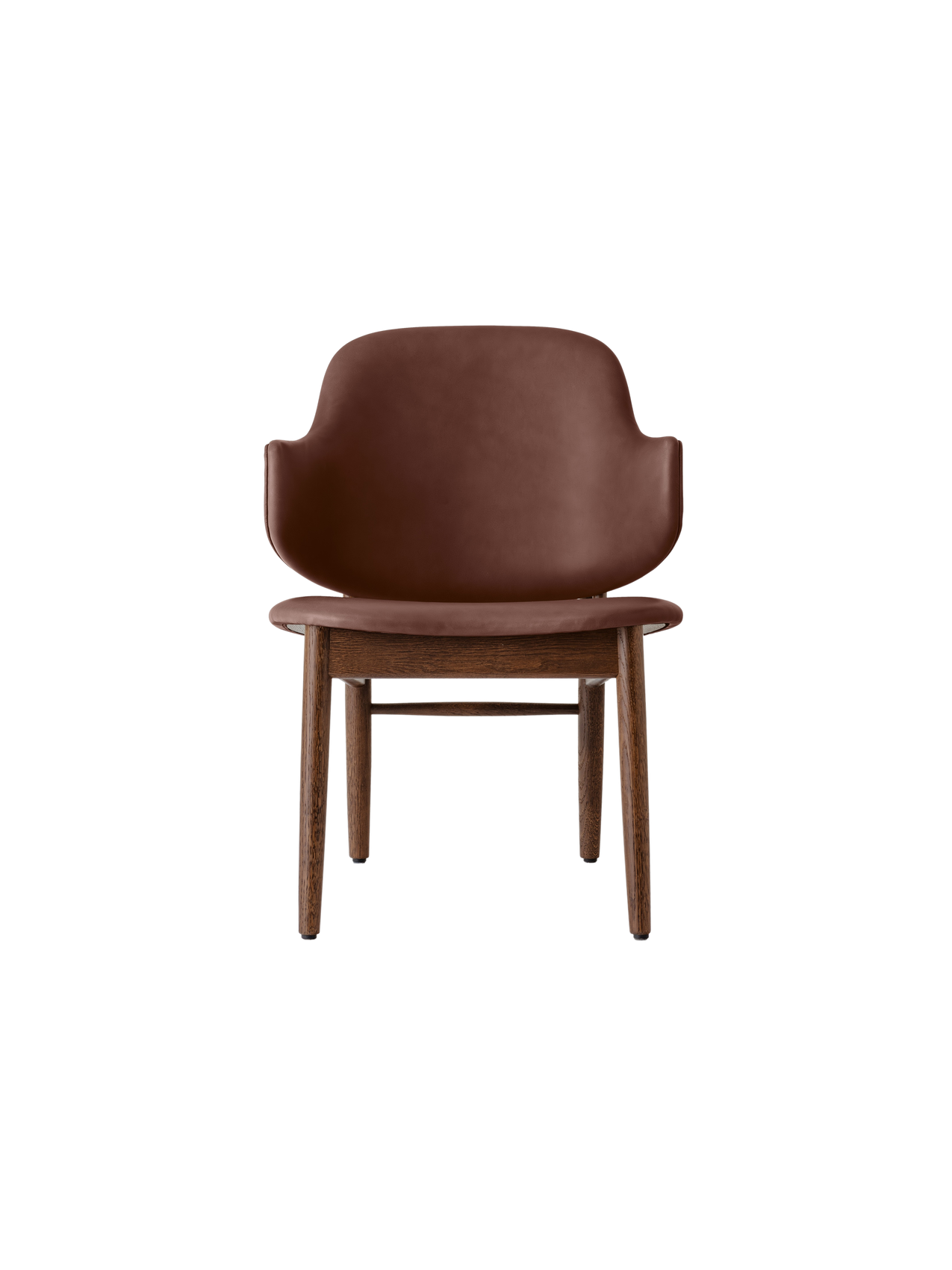 Penguin Wooden Lounge Chair in red-stained oak with brown upholstery, presented in a clean front-facing view.