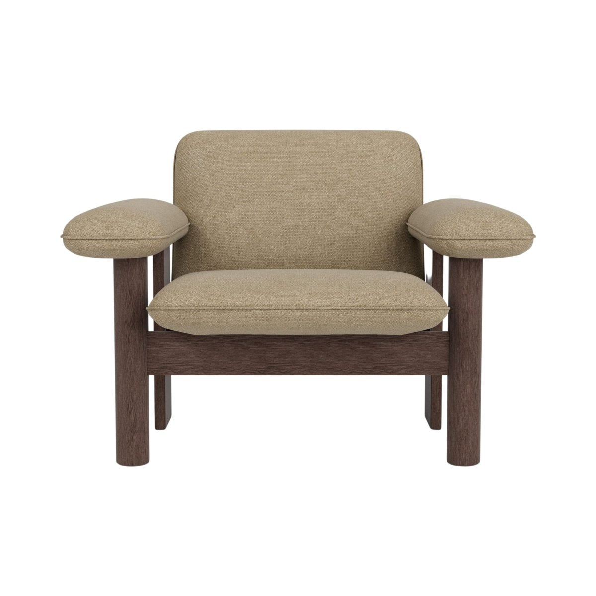 Brasilia Lounge Chair, Low Back, featuring light tan textile and a dark stained oak frame, shown from the front.