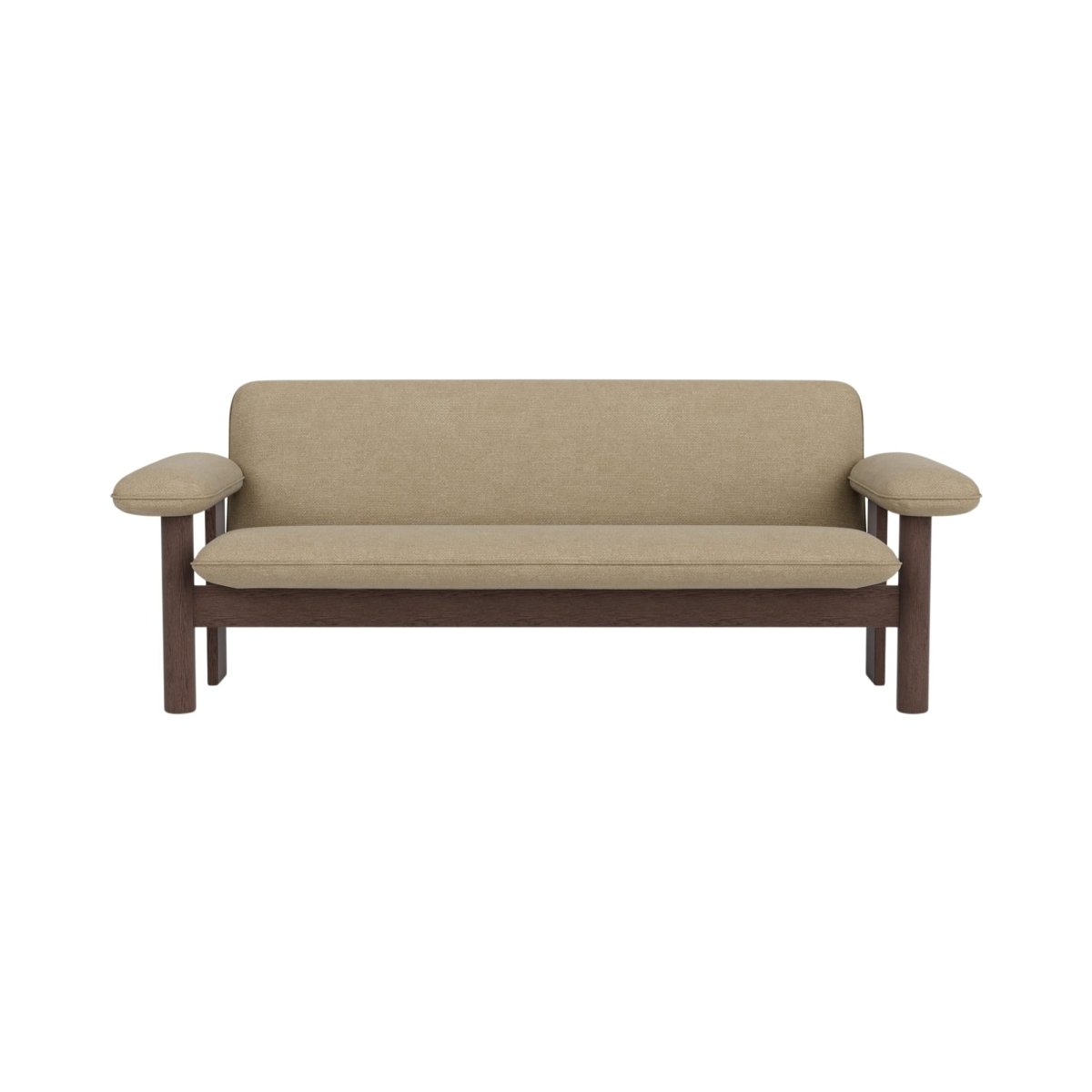Front view of the Brasilia Sofa featuring light beige textile upholstery and a dark stained oak wood frame.