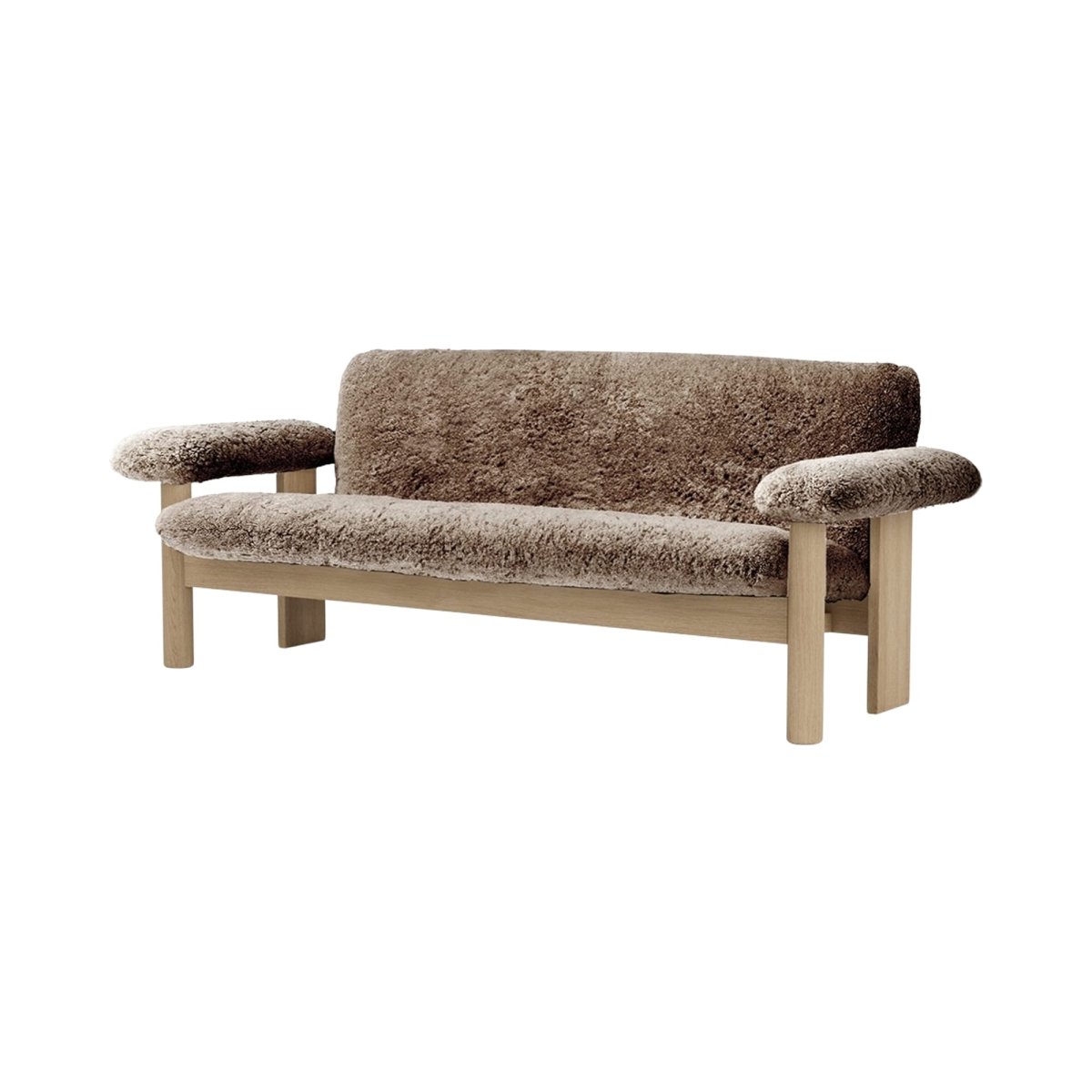 Front view of the Brasilia Sofa upholstered in brown sheepskin with a natural oak frame.