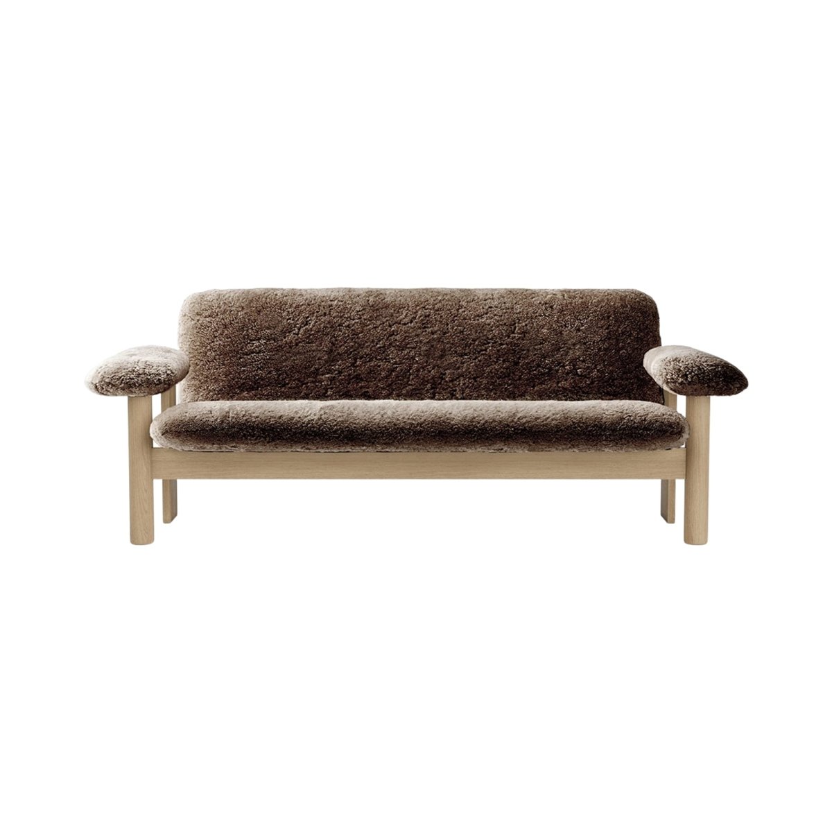 Front view of the Brasilia Sofa upholstered in brown sheepskin with a solid wooden frame against a plain white background.