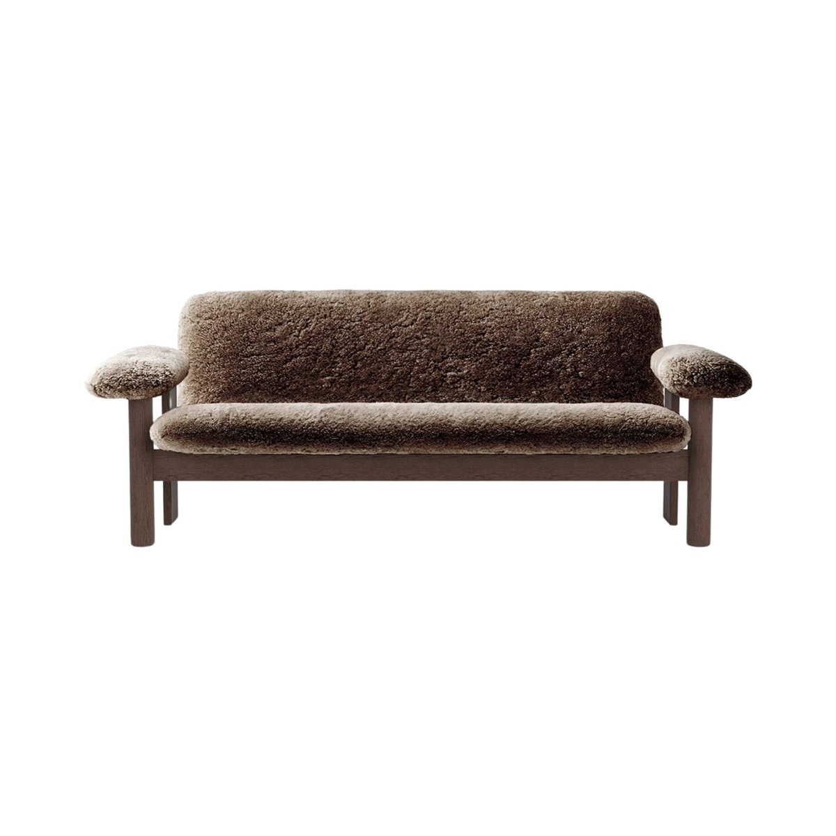 Front view of the Brasilia Sofa upholstered in brown sheepskin with a solid dark wood frame against a white background.