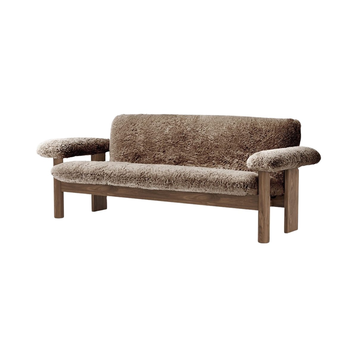 Front view of the Brasilia Sofa upholstered in brown sheepskin with a solid wooden frame against a plain white background.