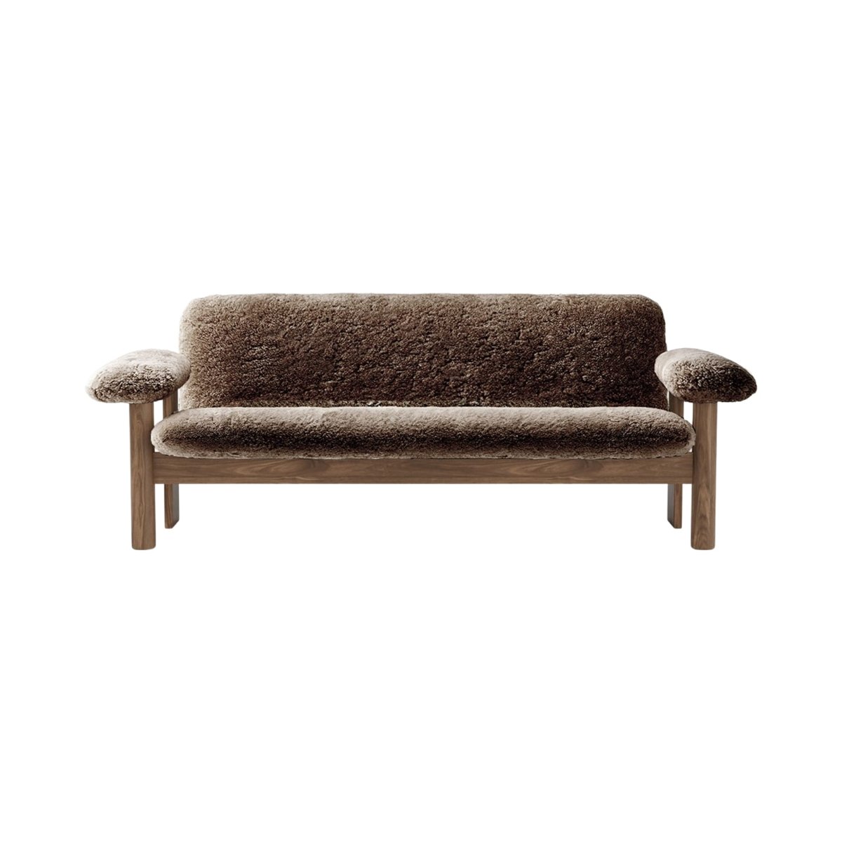Front view of the Brasilia Sofa upholstered in fluffy sheepskin with a solid wooden frame against a plain background.