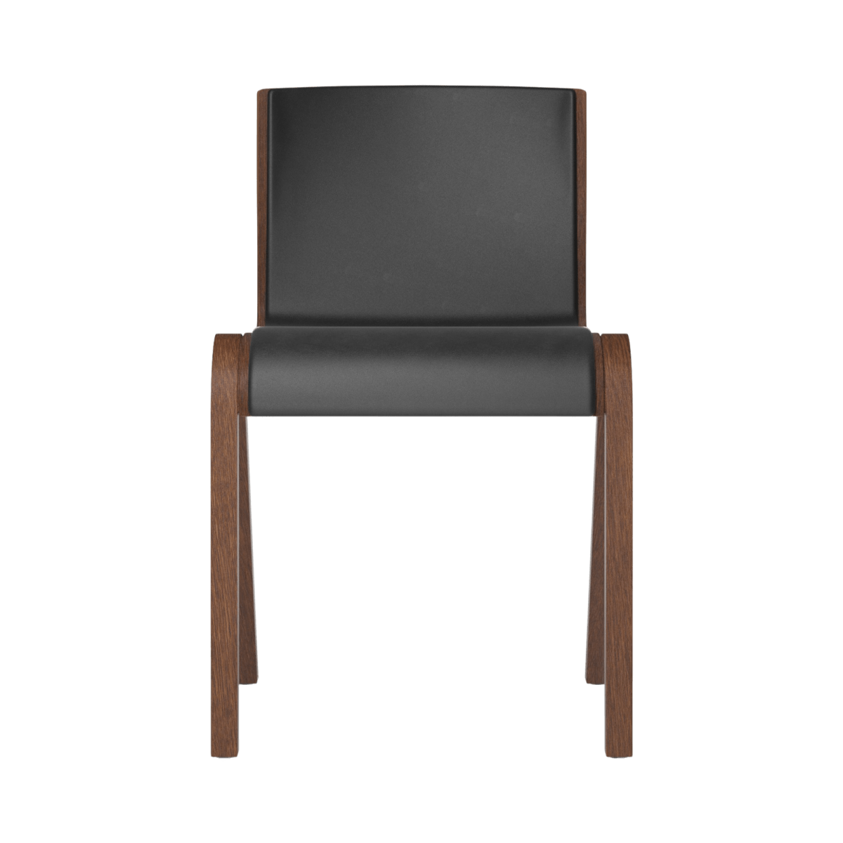 Front view of the Ready Dining Chair, Fully Upholstered, featuring a red stained oak frame and black Dakar 0842 leather.