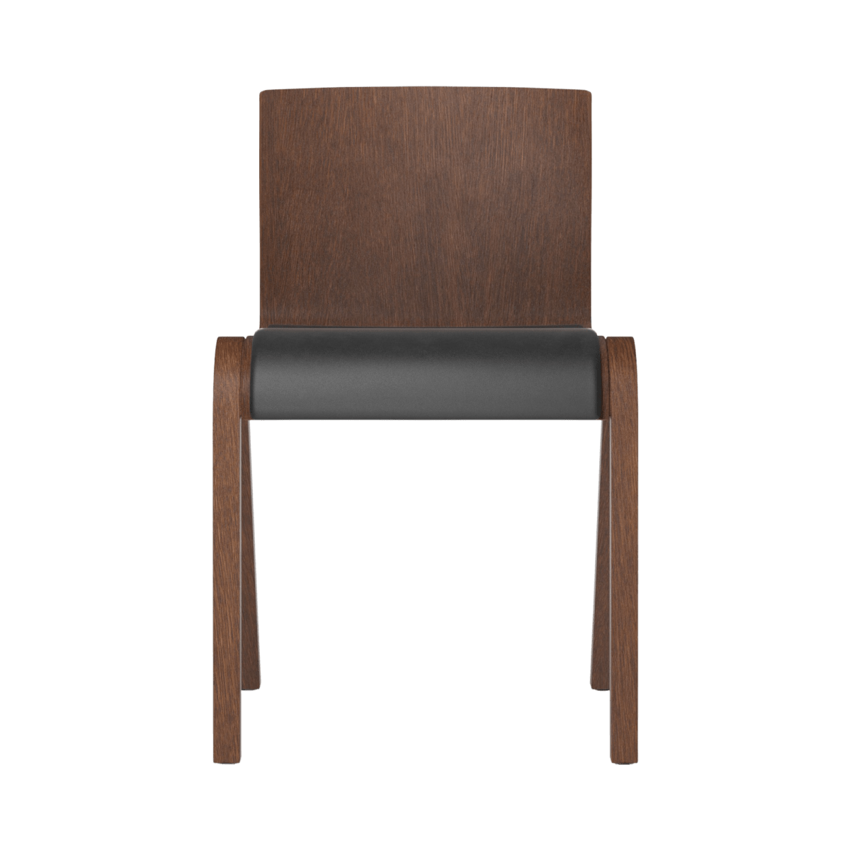 Front view of the Ready Dining Chair in red stained oak with a dark Dakar 0842 leather upholstered seat.