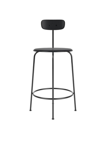Front view of the black Afteroom Counter Chair, Veneer, with a minimalist steel frame, round seat and low, curved backrest.