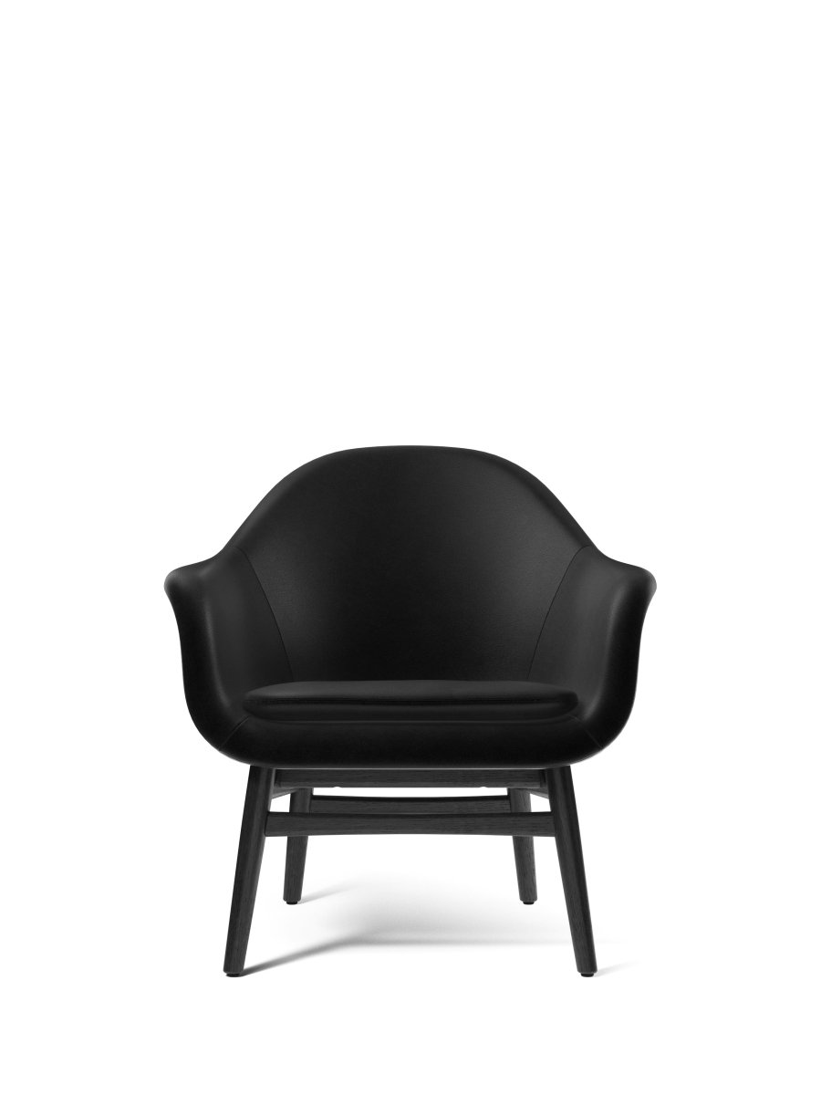 Front view of the Harbour Lounge Chair with black Dakar leather upholstery and a solid black oak frame.
