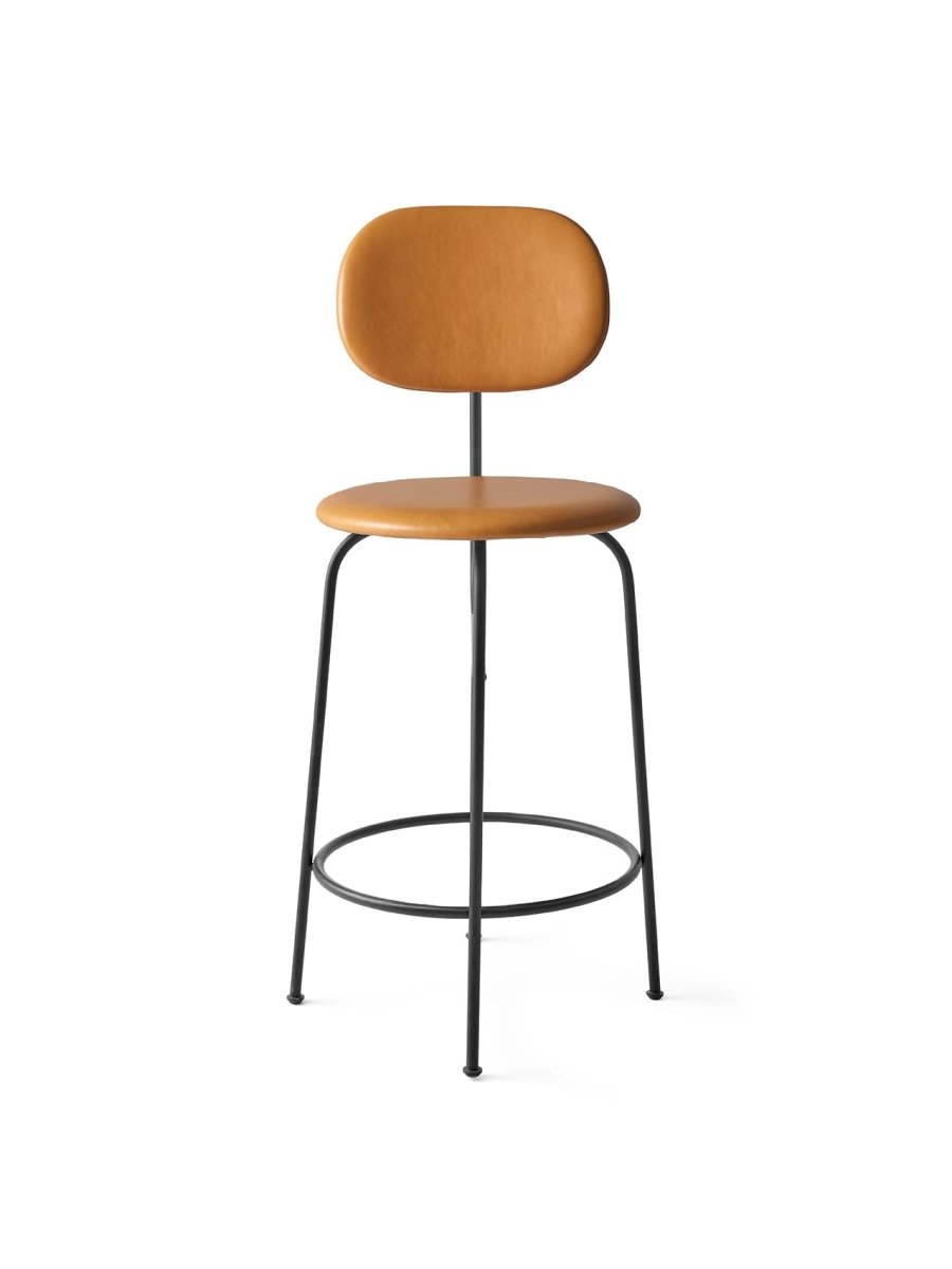 Front view of the Afteroom Counter Chair Plus, with tan Dakar leather upholstered seat and backrest on a black steel frame.