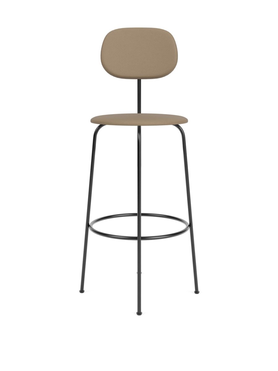 Afteroom Bar Chair Plus, Fully Upholstered, in a beige fabric with a slender black powder-coated steel frame, shown front-on.