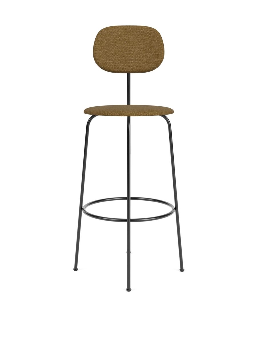 Front view of Afteroom Bar Chair Plus, Fully Upholstered, with black metal frame and brownish-gold fabric seat and backrest.