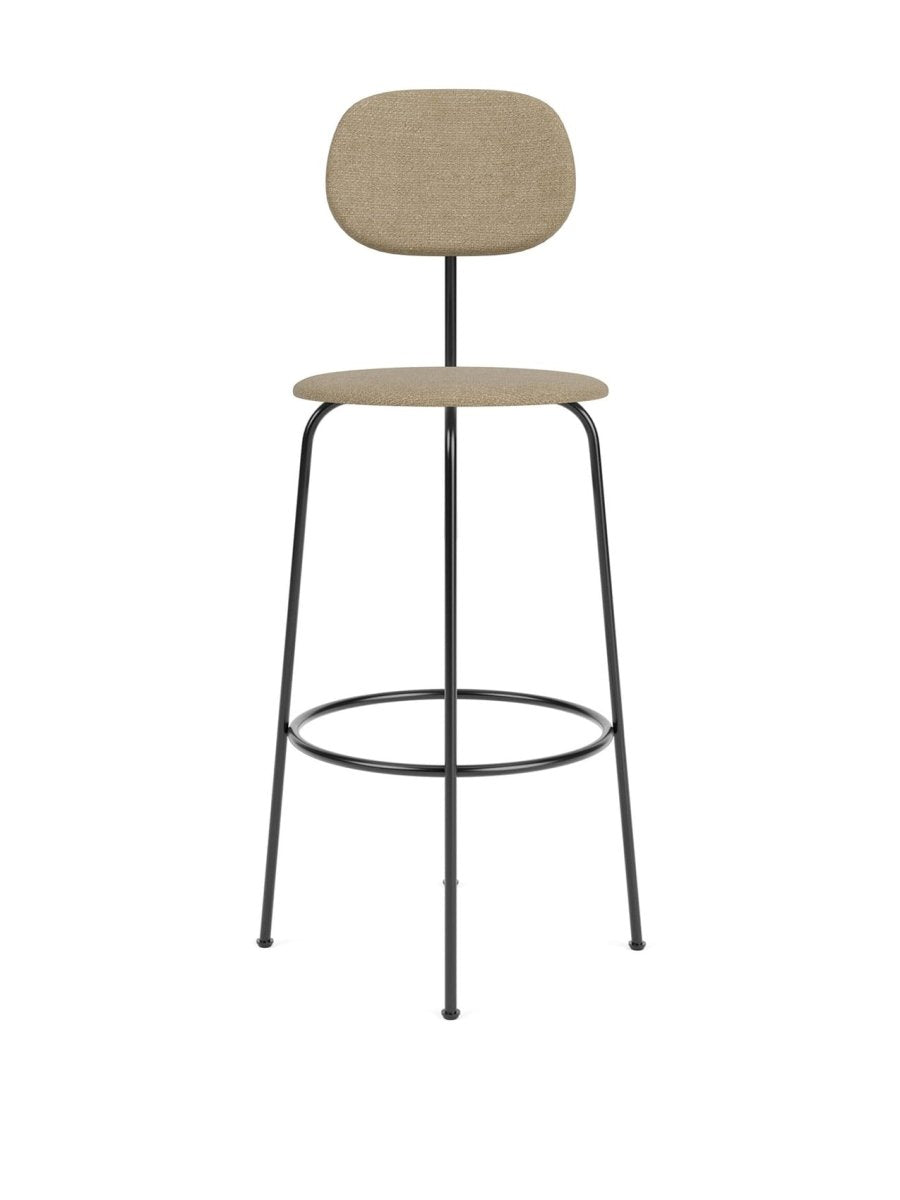 Front view of the Afteroom Bar Chair Plus, fully upholstered in light brown fabric with a slender, black steel frame.