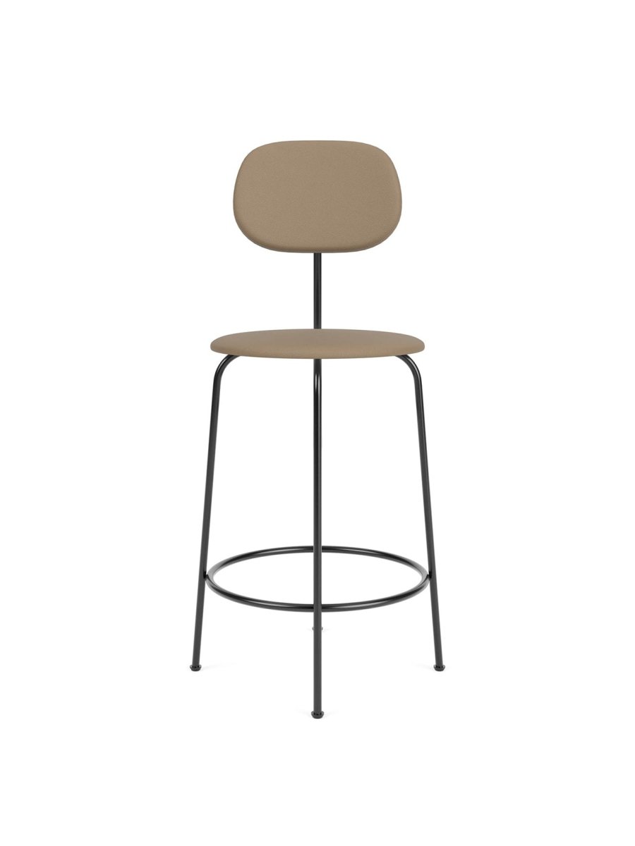 A front view of the Afteroom Counter Chair Plus with a slim black metal frame and light brown upholstered seat and backrest.