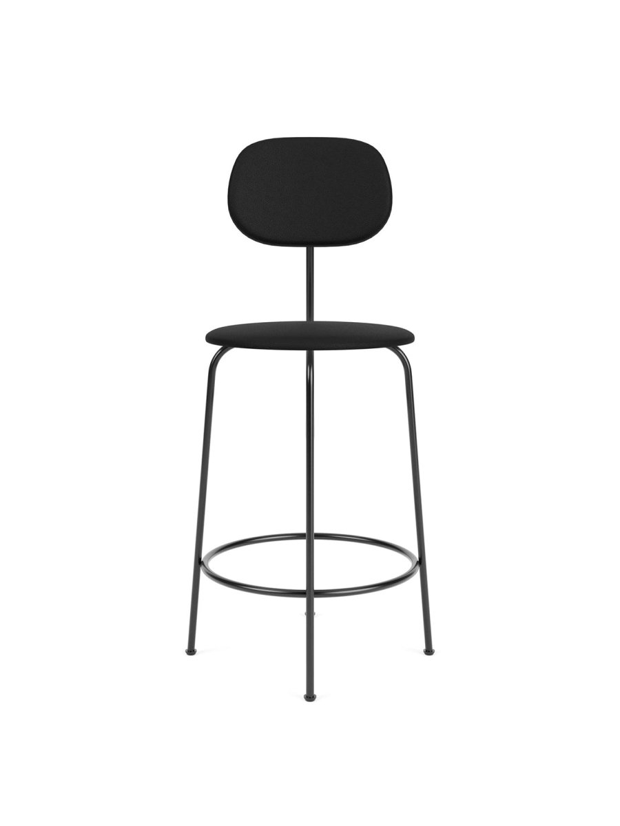 Front view of the Afteroom Counter Chair Plus, upholstered in black fabric with a slender, black powder-coated steel frame.
