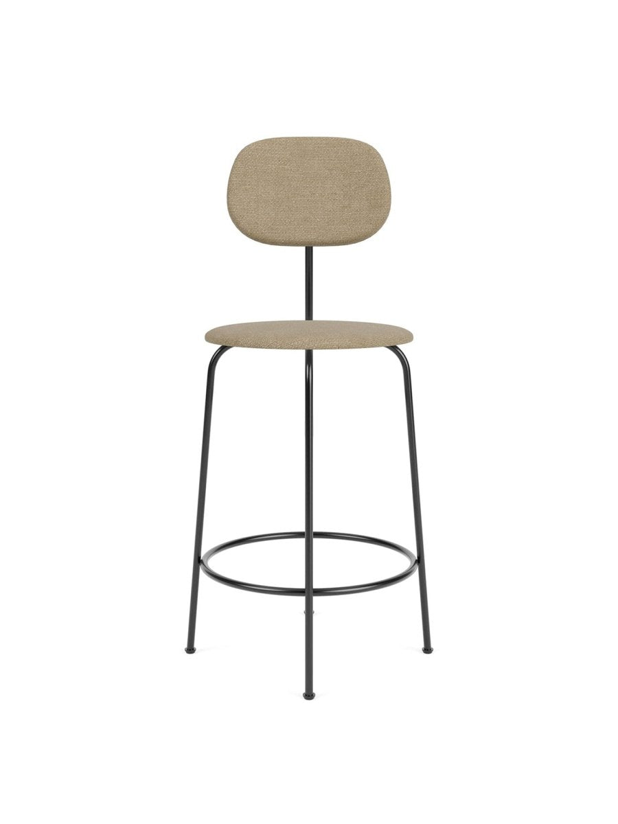 Front view of the Afteroom Counter Chair Plus, fully upholstered in a light brown textured fabric, with a black metal frame.