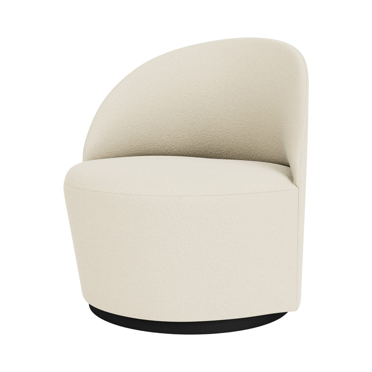 Tearoom Swivel Chair with return in Baru 200 fabric, featuring a modern, rounded silhouette and a black recessed base.