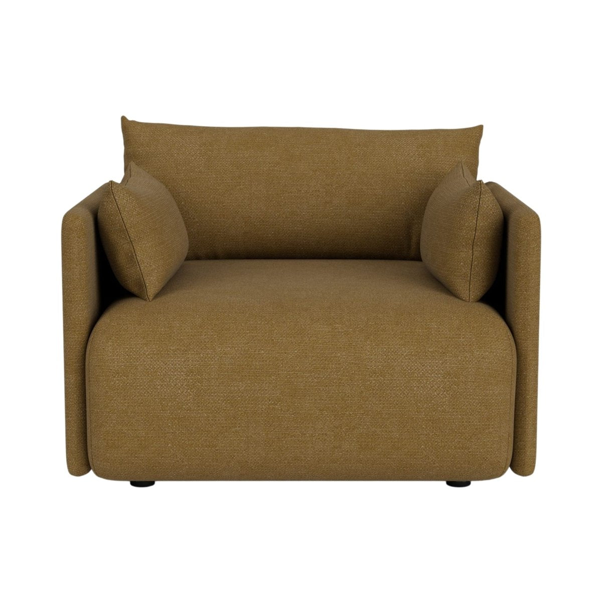 Front view of the Offset Sofa, 1-seater in textured brownish-gold fabric with wide armrests and two matching side cushions.