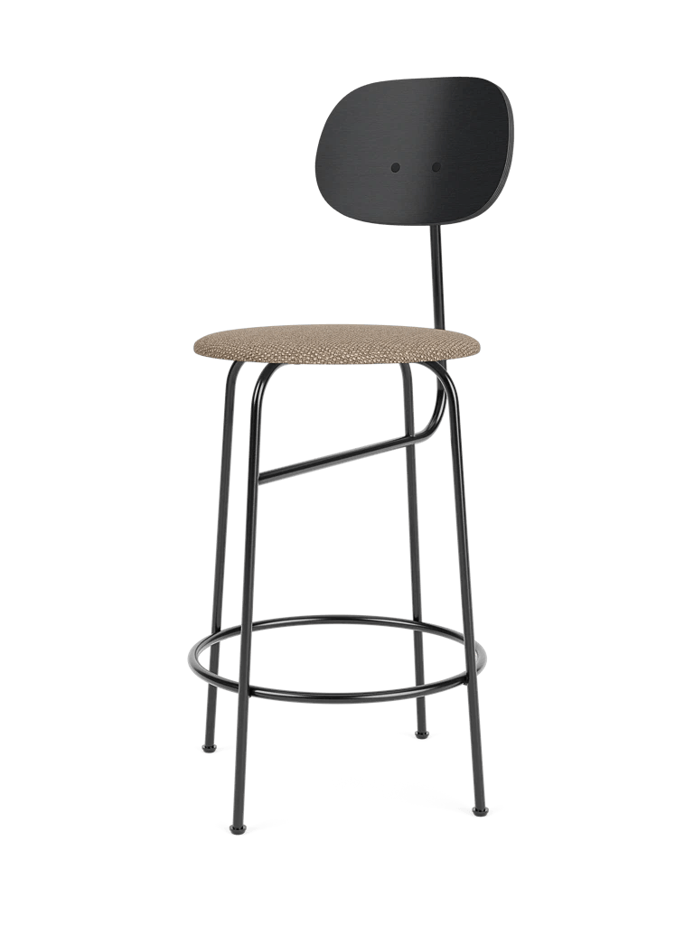 Afteroom Bar & Counter Chair with a black powder-coated steel frame, beige upholstered seat, and black wood backrest.