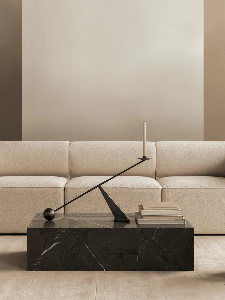 Black marble Plinth Low coffee table with a lit Interconnect Candle Holder