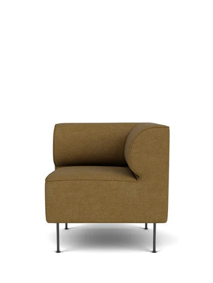 A front-on studio shot of the Eave Dining Sofa, Corner module in a textured, olive-brown fabric on slender black metal legs.
