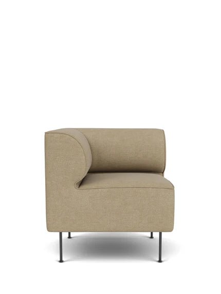 Front-on studio shot of the Eave Dining Sofa, Corner (left module) in light brown bouclé fabric with slim black metal legs.