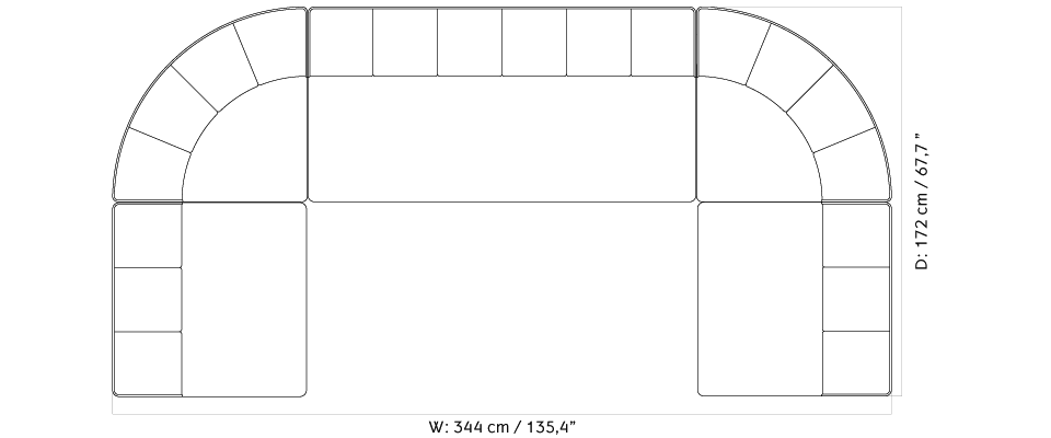 Top-down black outline plan of a modular U-shaped sofa with rounded corner sections, labeled dimensions (344×172 cm).