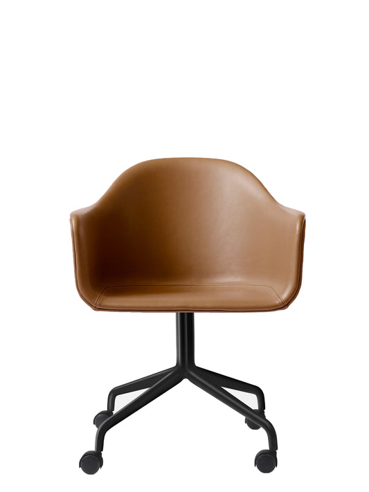 Harbour Arm Chair, Upholstered, Office Chair, Black Swivel w. Casters, Cognac Leather (Dakar 0250)