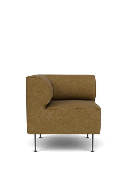 Front view of the Eave Dining Sofa, Left Corner module, in a textured moss-colored fabric, set on slender black metal legs.