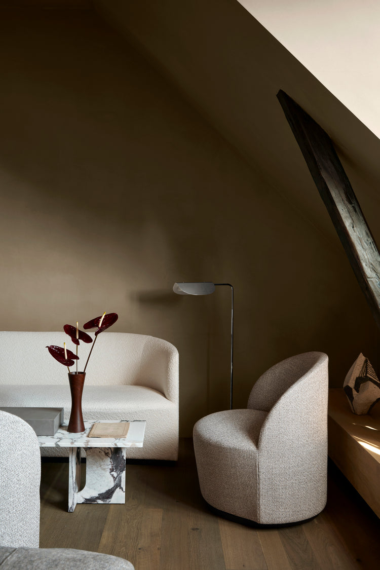Tearoom Swivel Chair and Sofa in white bouclé with a Calacatta Viola
