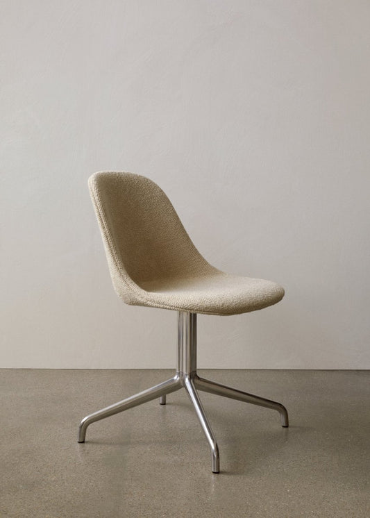 Beige Audo Bouclé Harbour Side Chair featuring a polished aluminum star base, presented in a minimalist interior.