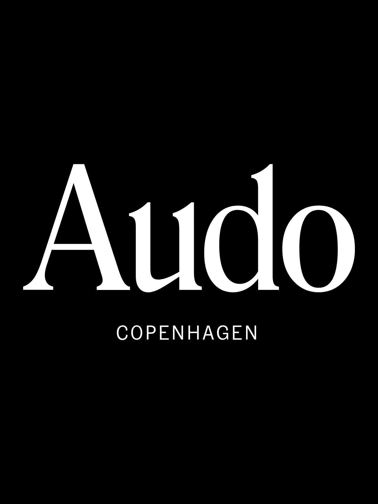 Audo Copenhagen logo in white serif and sans-serif typography on a solid black background for the Audo Gift Card.