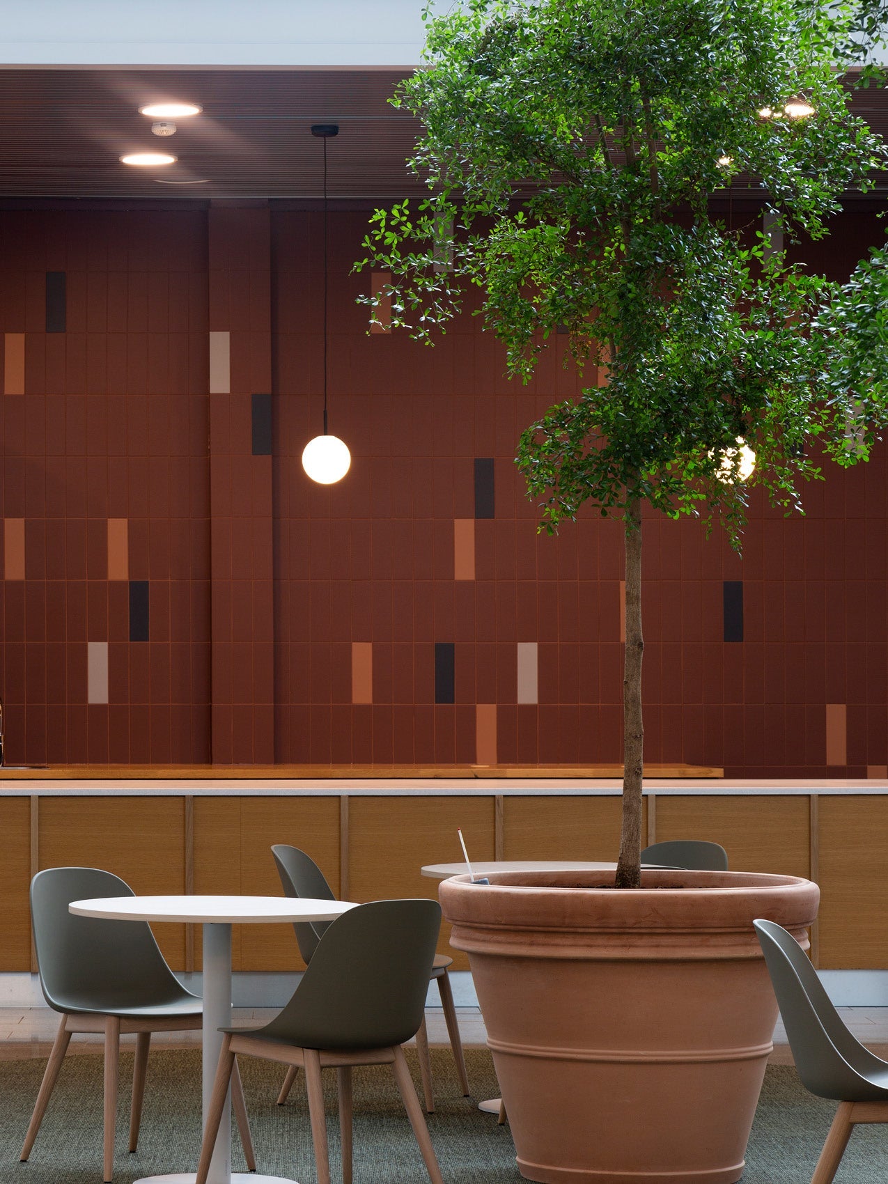 Indoor seating area with round white tables, grey-green molded chairs, terracotta planter with small tree and hanging globe