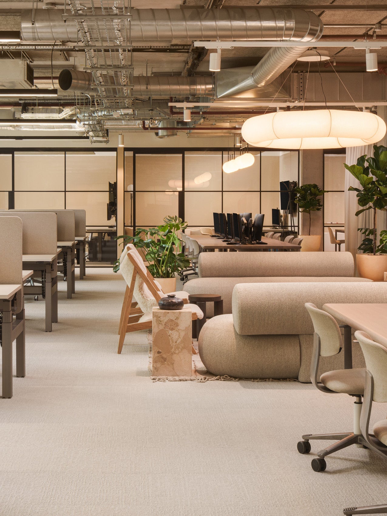 Open-plan office with beige rounded sofas, wooden chairs, potted plants, suspended soft white pendant lights and exposed