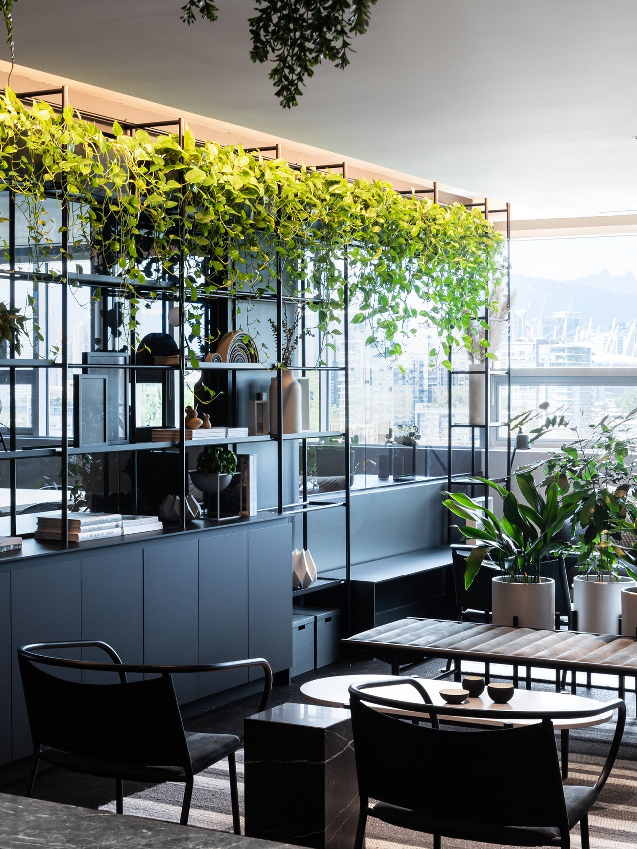 Modern lounge with black metal shelving, cascading green pothos, dark furniture, potted plants and city view through large