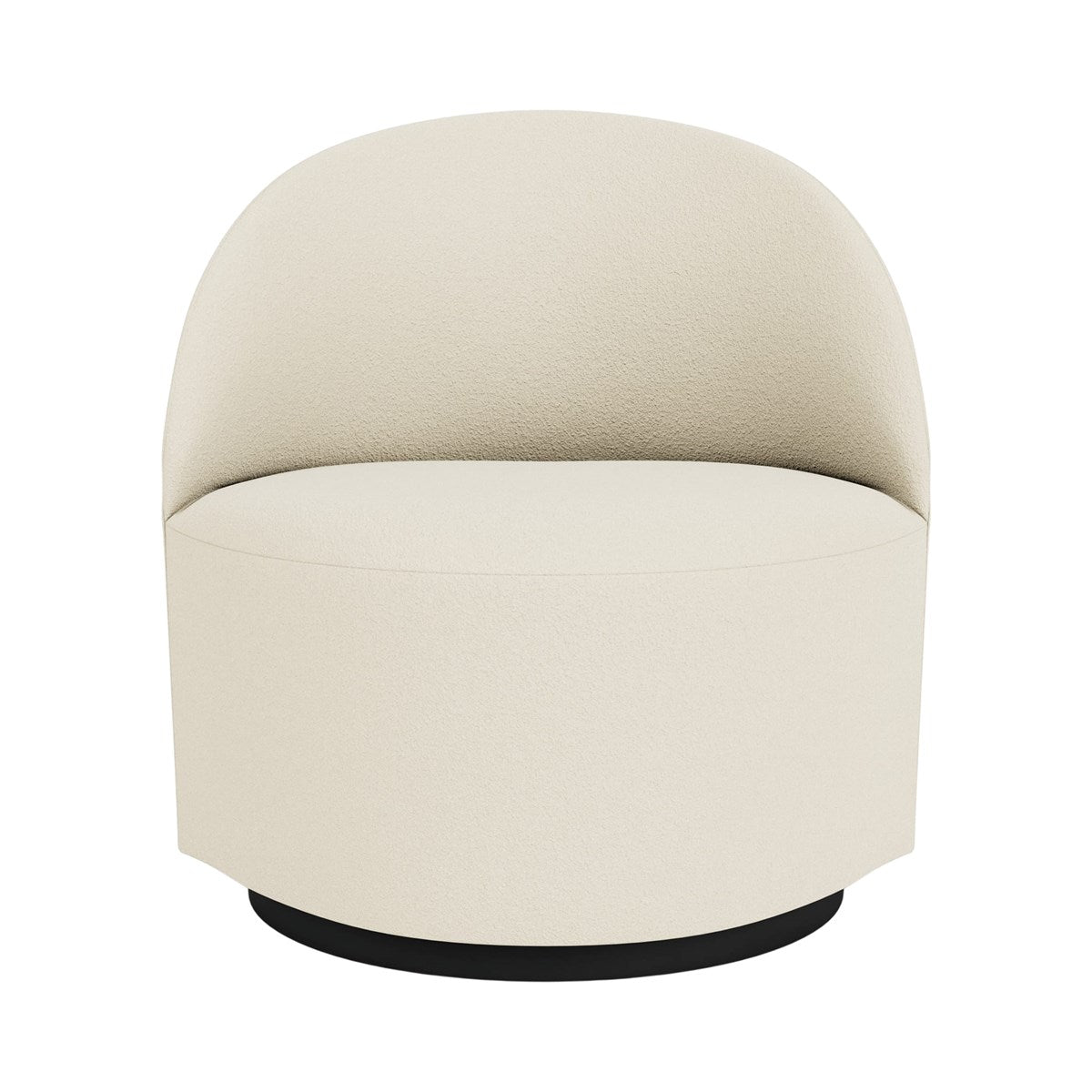 Tearoom Swivel Chair in Baru 200 fabric, featuring a sculpted, rounded back and a black recessed swivel plinth base.
