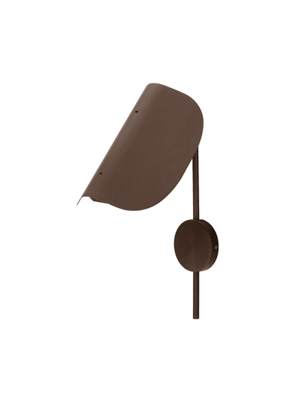 Brown metal wall lamp with curved, shield-like shade and slim rod mount, round wall plate, matte finish.
