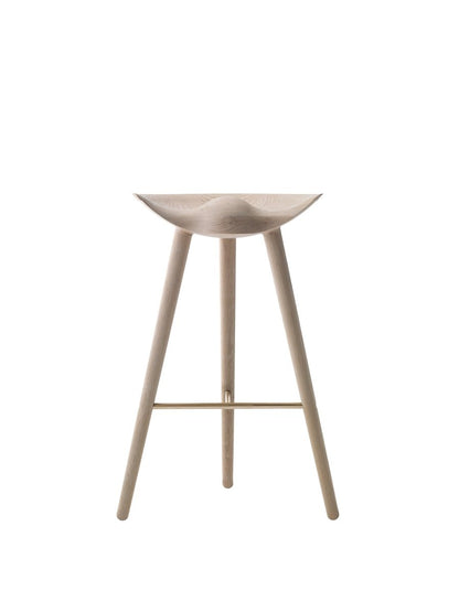 Front view of the ML42 Barstool in solid oak with a sculpted wooden seat and slim brass footrest against a plain background.