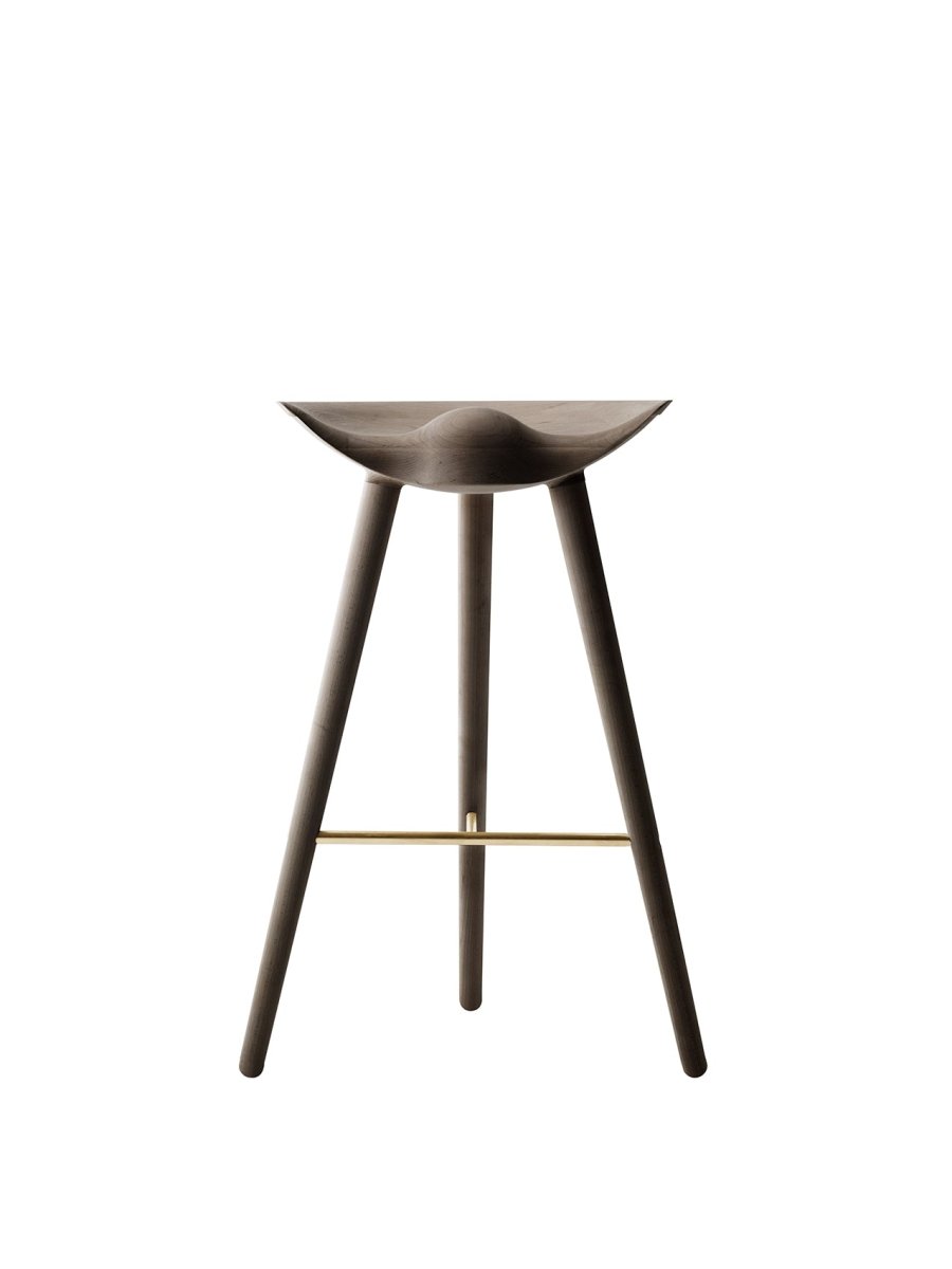ML42 barstool in smoked oak with a contoured wooden seat, three slender legs, and a shiny brass footrest.