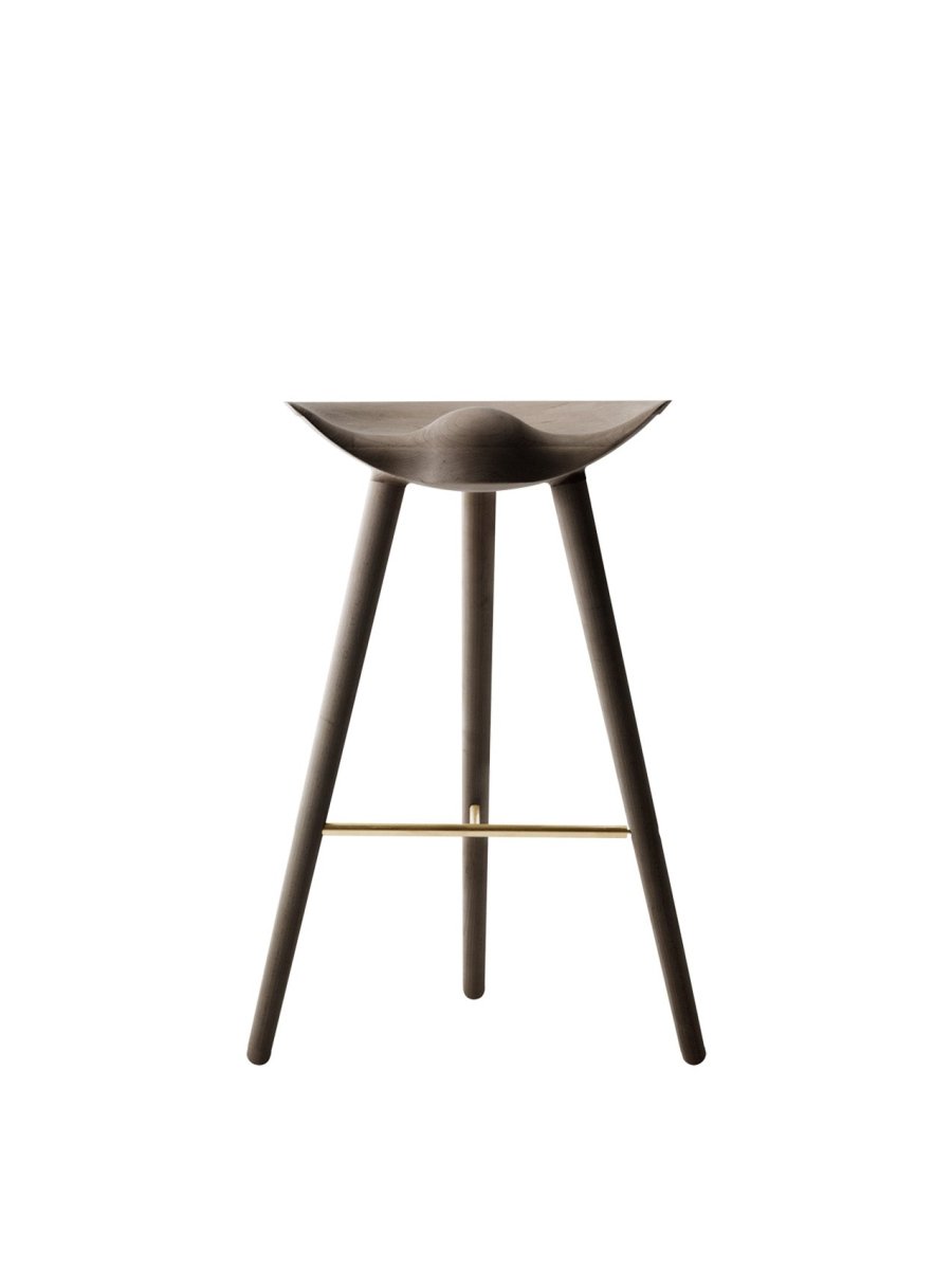 Front view of the ML42 Barstool in smoked oak with a sculpted wooden seat, three slim legs, and a brass footrest.