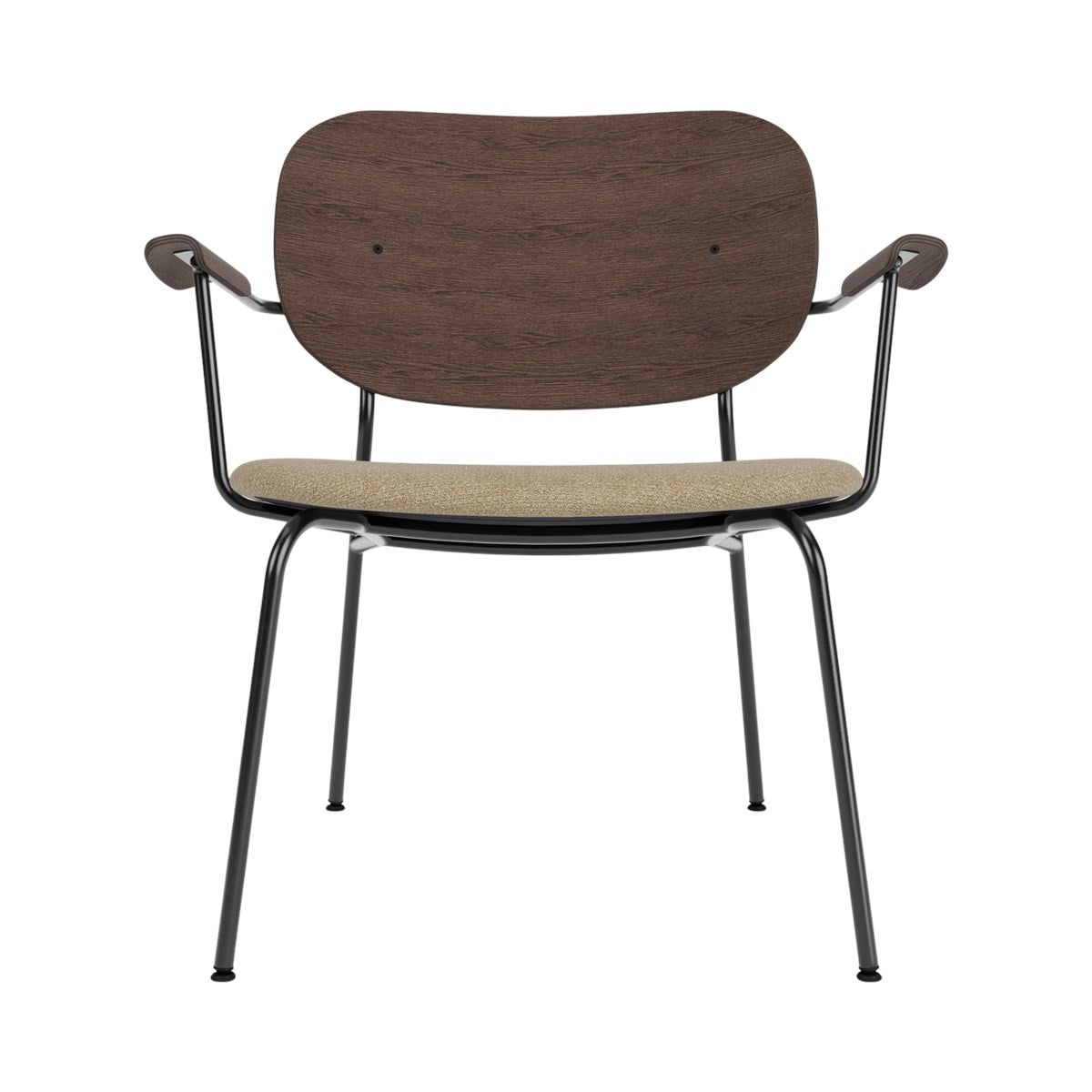 Front view of the Co Lounge Chair with a dark stained oak backrest, beige Audo Bouclé 02 seat, and black steel frame.