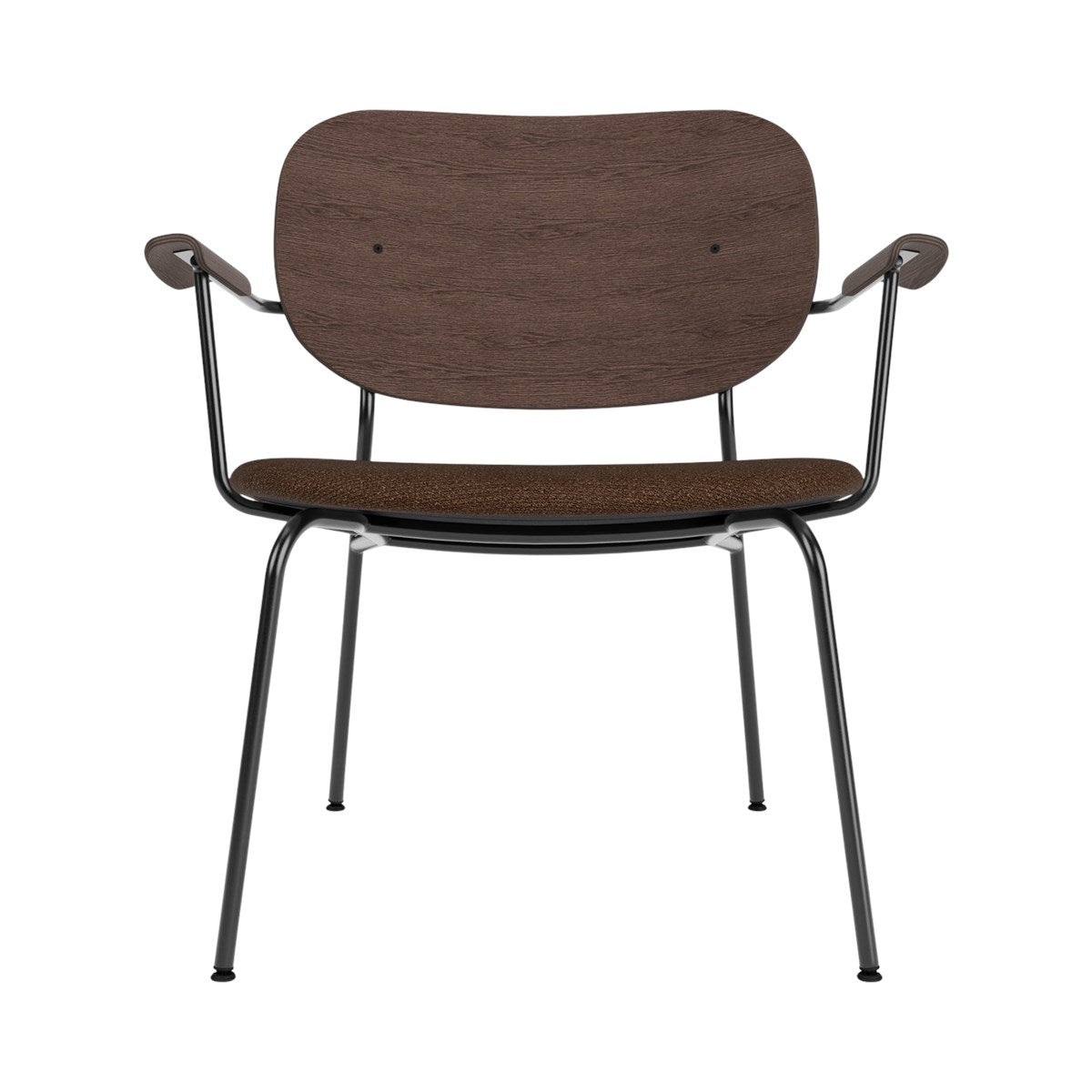 Co Lounge Chair featuring a dark stained oak backrest, brown Bouclé 07 upholstered seat, and black steel frame.